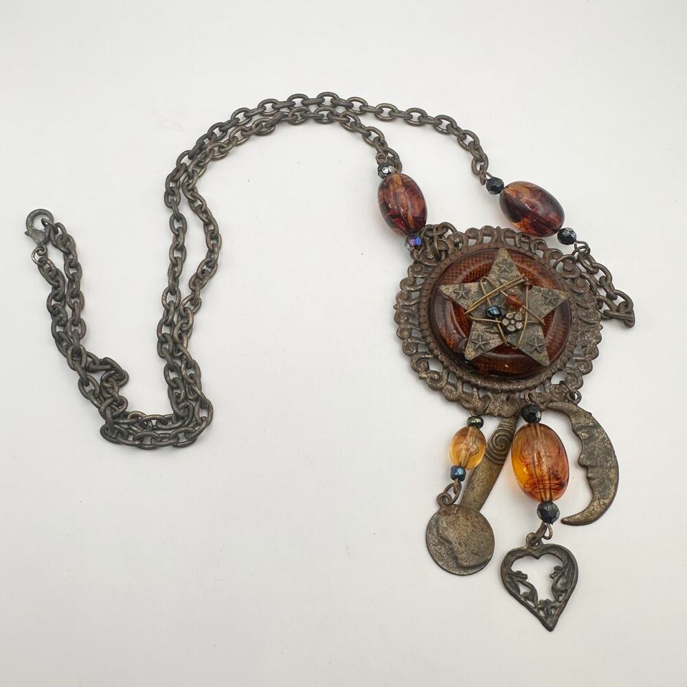 Western Coastal Cowgirl Long Pendant Necklace Chain Brown Star Round Jewelry 30"